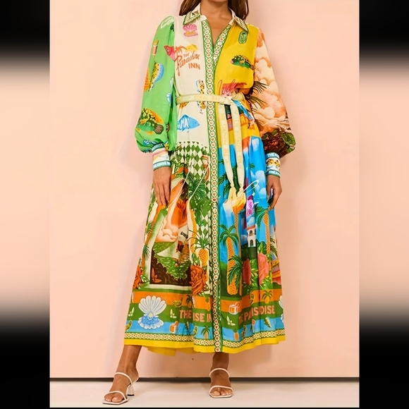 Green and Yellow Long Sleeve Resort Sundress - Picture 2 of 6